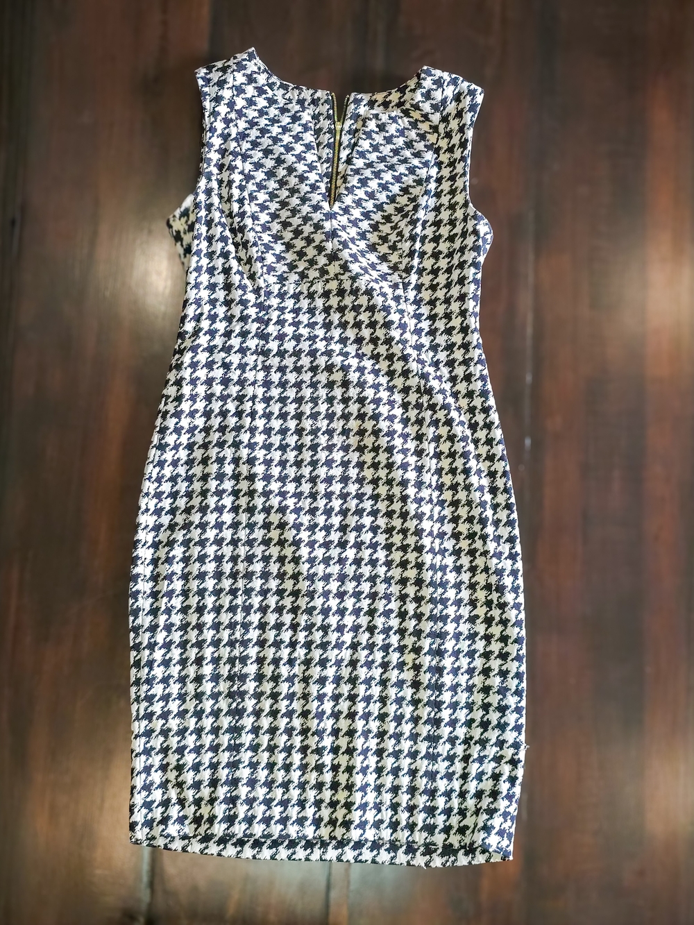 Calvin Klein Black and White Houndstooth Midi Sheath Dress